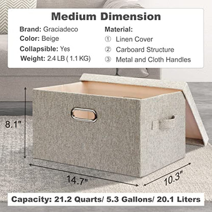 Graciadeco Medium 15" 21 Quart Collapsible Stackable Storage Bins with Lids, 3 Packs Beige Foldable Fabric Closet Boxes Heavy-duty Linen Cube Baskets Container for Bedroom Office (15 x 11 x 8) | 21 Quart 3 Pack Beige Collapsible Stackable Linen Fabric 4 H