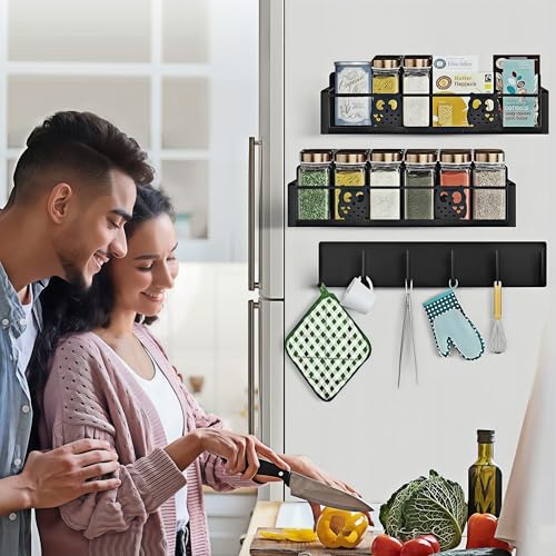 Magnetic Spice Rack for Refrigerator,Spice Organizer for Kitchen,Seasoning Organizer Rack,Magnetic Shelf with Hooks,Strong Magnet,Moveable,No Drilling(3 Pack,Black,Owl) - color: Black