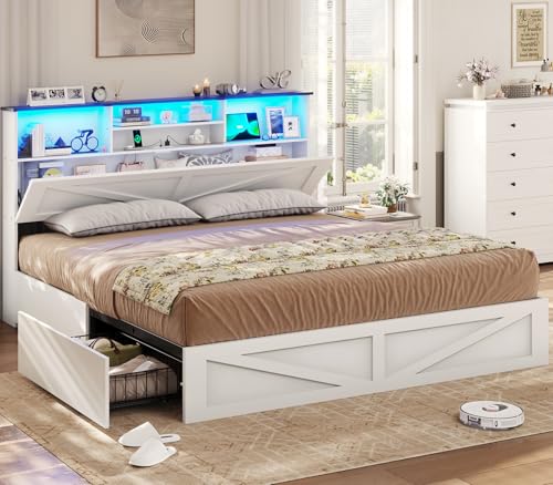 Farmhouse Bed Frame King Size with Bookcase Storage Headboard, Charging Station and LED Lights, Wooden King Bed Frame with 4 Drawers, Barn Door Design, No Box Spring Needed, No Noise, White - color: White, size: King
