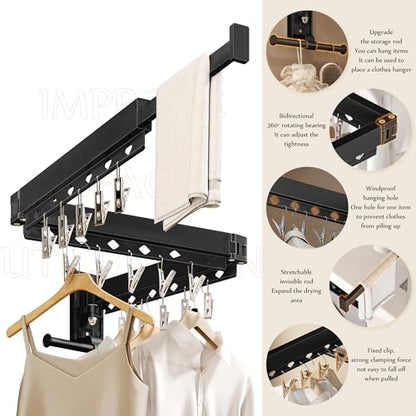 Wall Mounted Collapsible Clothes Drying Rack, Durable Space-Saving Laundry Drying Rack Clothing Hanger, Upgraded with Clips and Windproof Holes - style: Upgrde-Black Rings with Clips