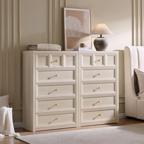 5 Drawers Dresser for Bedroom, 45.7" Tall Large Dresser & Chests of Drawers with Metal Handle, Clothes Storage Organizer Dresser w/Natural Texture for Bedroom, Living Room-Grey White,1 Piece - color: Grey White, size: 15.6"D x 29.5"W x 45.7"H (5 Drawers)