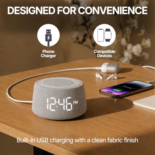 White Noise Alarm Clock for Bedroom, Night Light, Bluetooth Audio | Sleep sounds, Bluetooth speaker, ambient night light, dimmable display, adjustable alarm volume, bedside routine for adults - color: Gray