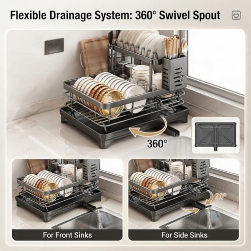 Stainless Steel Dish Drying Rack for Kitchen Counter, 2-Tier Dish Racks for Kitchen Counter, Compact Dish Drainer with Auto-Drainboard & Utensil Holder for Plates, Bowls, Cups and Cutlery (B-1) - color: B-1