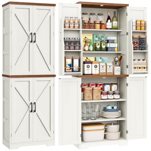 Yusong 72'' Farmhouse Kitchen Pantry Cabinet,Storage Cabinet with 4 Doors and Adjustable Shelves, Wooden Food Pantry Cupboard for Kitchen Dining Living Room Bathroom, Antique White with Wood Top - color: White Brown, size: 72"H