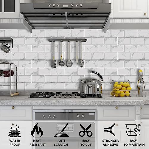 URCOLOR 10-Sheet Backsplash Tile for Kitchen Peel and Stick,12"x12" Self Adhesive Wall Tiles on Back Splashes for Bathroom White Marble Look - color: White