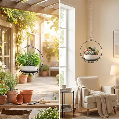 Hanging Planter for Indoor Outdoor Plant, Plant Hanger, Hanging Plant Tray | Metal, Wall Ceiling, Window, Plant Hangers Kit with Trays and Chains for Succulents, Pothos, Herbs, Balcony, Patio - style: hanging planter tray