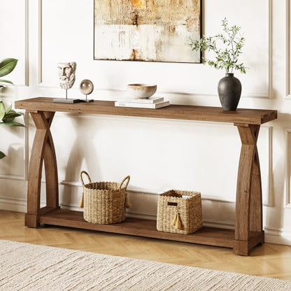 Solid Wood Console Table for Entryway, 63-Inch Narrow Farmhouse Couch Table Behind Sofa with 2-Tier Storage for Entrance, Foyer, Living Room, Long, Dark Brown - color: Dark Brown
