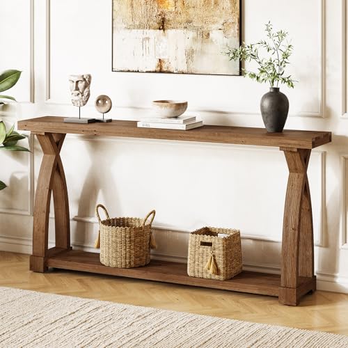 Solid Wood Console Table for Entryway, 63-Inch Narrow Farmhouse Couch Table Behind Sofa with 2-Tier Storage for Entrance, Foyer, Living Room, Long, Dark Brown - color: Dark Brown