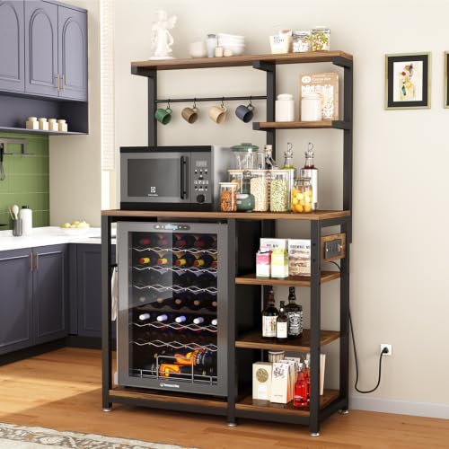 Large Bakers Rack with Power Outlet, Coffee Bar & Microwave Stand | Bakers Rack with Power Outlet, Coffee Bar Station & Microwave Cart, Metal Kitchen Storage Shelf with Wheels - color: Rustic Brown