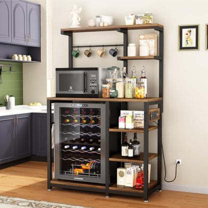 Large Bakers Rack with Power Outlet, Coffee Bar & Microwave Stand | Bakers Rack with Power Outlet, Coffee Bar Station & Microwave Cart, Metal Kitchen Storage Shelf with Wheels - color: Rustic Brown