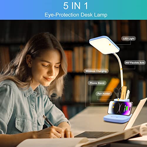 LED Desk Lamp with 10W Wireless Charging & Pen Holder, Blue | CRI 95, 800LM, Stepless Dimming, 3 Modes, 360°Flexible Arm, Touch, Study Table Lamp for Home Office, Dorm Room, with Adapter - color: Blue