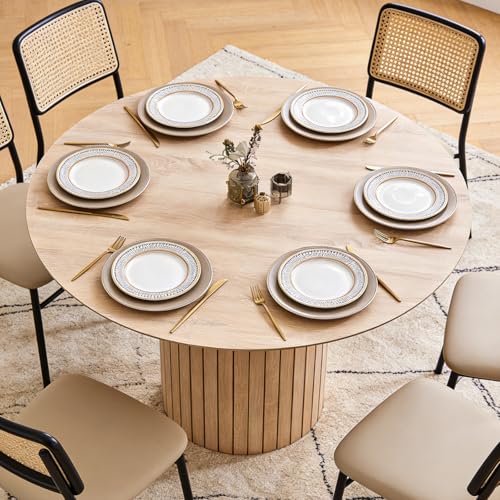 47" Round Dining Table for 4, Farmhouse Kitchen Table [Chamfered Edge Tabletop] Circle Pedestal Dinner Table, φ47.2"x29.5"H, Natural - color: Basic Natural 47