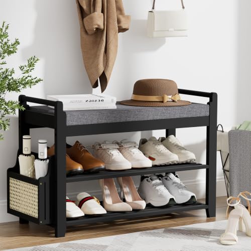 Homaxy 2-Tier Shoe Rack Bench, 28.2 in, Black and Dark Grey | Bamboo Entryway Bench, with Side Holder, Shoe Rack Organizer with Cushion for Front Entrance, Hallway Living Room Bedroom - color: Black and Dark Grey, size: 28.2 in
