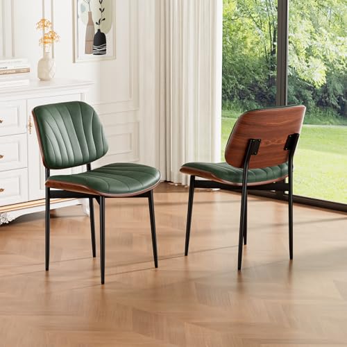 Dining Chairs Set of 2, Mid-Century Modern Upholstered PU Leather Chairs | with Walnut Bentwood Back and Metal Legs Adjustable Feet for Kitchen Dining Room, Dark Green Shell Strips - color: Dark Green Shell Strips