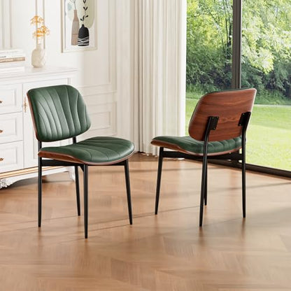 Dining Chairs Set of 2, Mid-Century Modern Upholstered PU Leather Chairs | with Walnut Bentwood Back and Metal Legs Adjustable Feet for Kitchen Dining Room, Dark Green Shell Strips - color: Dark Green Shell Strips
