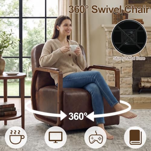 Faux Leather 360° Swivel Barrel Accent Chairs Set of 2, Upholstered Mid Century Modern Reading Lounge Chair with Wooden Armrests & Solid Rotating Metal Base for Living Room Bedroom, Dark Brown - color: Dark Brown, size: 2 Pack