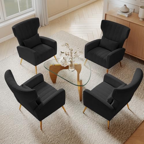 Nebuaegis Black Velvet Accent Chair Set of 4, Wingback Chair for Living Room, High Back Arm Chair with Golden Legs Lumbar Pillow, Upholstered Single Sofa Bedroom - color: Black, size: Set of 4