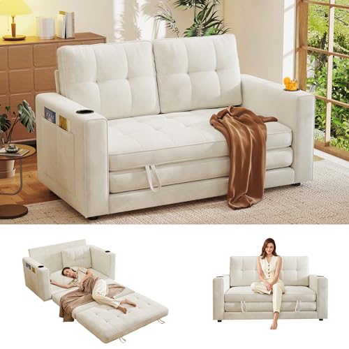 55" Convertible Folding Sofa Bed, Pull Out Couch Love Seat Sleeper Bed, Small Fold Out Loveseat sleeper with Cup Holder and Pillow for Small Space, Bedroom Lounge, Dorm, Living Room(Beige Chenille) - color: Beige