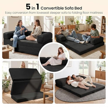 Erament Convertible Sofa Bed, Tri-Folding Mattress Queen Futon Couch Bed, Boneless Sleeper Couch Bed with Removable Armrests & Washable Cover for Guest Room, Living Room, Queen, Black - color: Black, size: Queen
