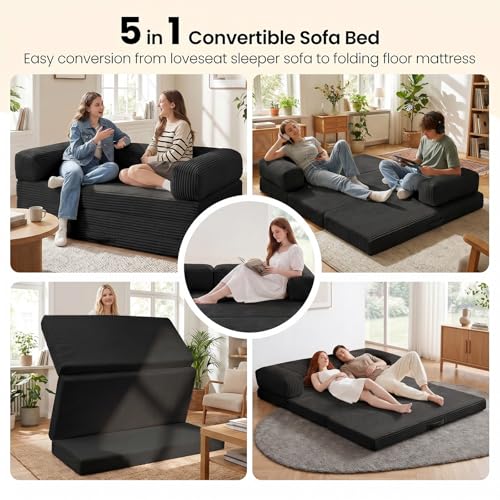 Erament Convertible Sofa Bed, Tri-Folding Mattress Queen Futon Couch Bed, Boneless Sleeper Couch Bed with Removable Armrests & Washable Cover for Guest Room, Living Room, Queen, Black - color: Black, size: Queen
