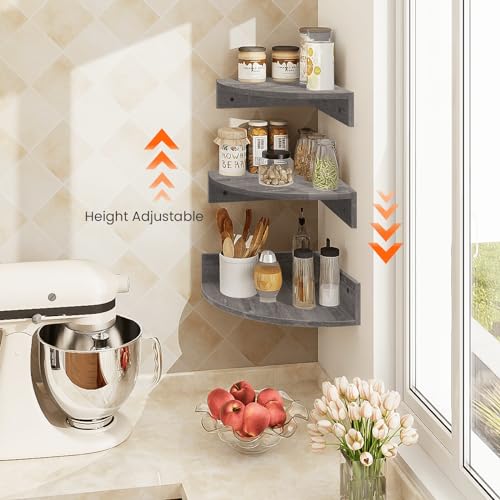 Corner Floating Shelves, Set of 3 Corner Wall Shelves for Storage and Display, 3 Tier Wood Hanging Shelf Organizer for Cable Box, for Bedroom, Bathroom, Kitchen, Rustic Grey - color: Grey