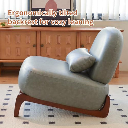 Blue Faux Leather Slippers Chair with Solid Wooden Legs | Low Armless Accent Chair with Soft Cushion, Comfy Upholstered Side Chairs for Living Room, Bedroom, Balcony or Reading Room - color: Blue