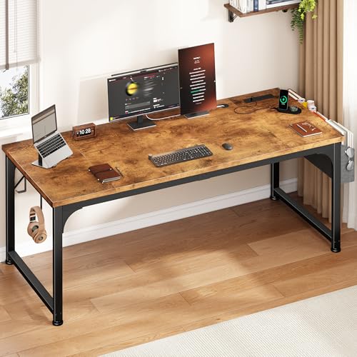 DurayLoly 63 x 24 inch Large Computer Desk, 24mm Thick Desktop with Power Outlets, RGB LED, Office Desk with Detachable Stand, 150LBS Heavy Duty, Spacious Desk for Multi-Tasking Workers, Brown - color: Brown, size: 63 Inch