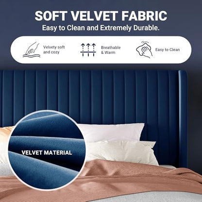 Allewie King Size Velvet Bed Frame/Vertical Channel Tufted Wingback Headboard/Upholstered Platform Bed/Strong Wooden Slats/No Box Spring Needed/Easy Assembly/Blue - color: Blue, size: King