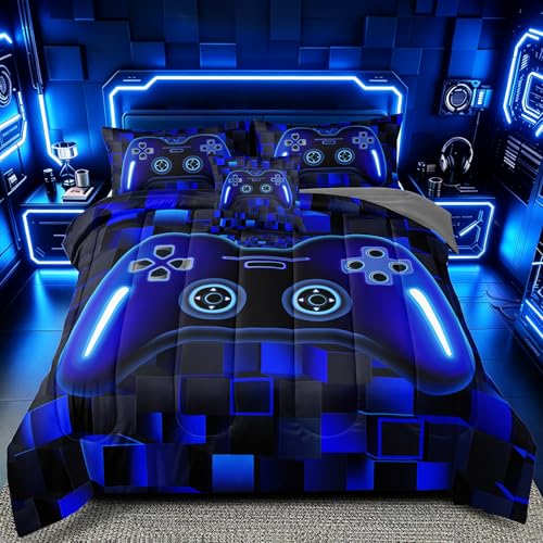 6 Pieces Boys Queen Size Gaming Comforter Set, Blue 3D Cool Video Game Controller Bed in a Bag with Sheets, Soft Lightweight Microfiber Gamer Bedding for Kids Teens, All Season Room Decor Queen52 - color: Blue 52, size: Queen