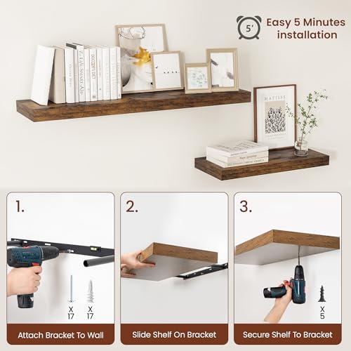 Vivelove Deep Floating Shelves 36x12” Set of 2, Rustic Brown | Easy Install With Hardware, 2" Thick, Invisible Brackets, Wall Mounted, No Sagging, For Any Room - color: Rustic Brown, size: 36”wx12”dx2”h