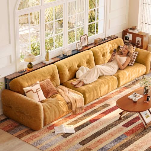 Huuger 110.2-133.8'' Extendable Behind Couch Table with Outlets, Rustic Brown - color: Rustic Brown, size: 110.2- 133.8"W x 29.5"H