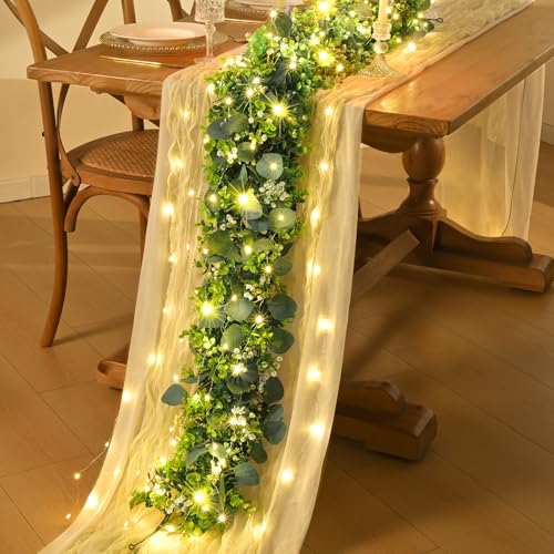 2Pcs Eucalyptus Garland with Lights, Greenery Garland, Green Garland with Flowers, 5.9FT Artificial Faux Eucalyptus Leaves Vines for Table Mantle Home Wedding Party Indoor Outdoor Decor - color: Eucalyptus Garland With Lights, size: 2Pcs