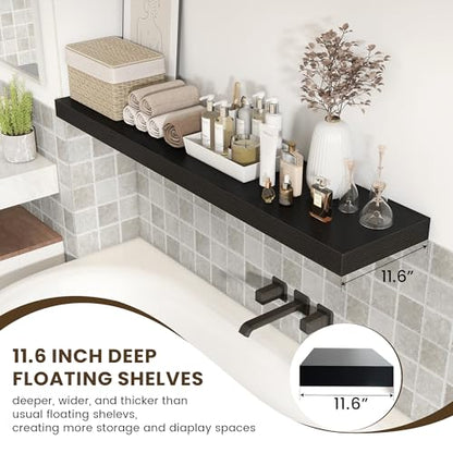 Deep Floating Shelves, 55'' x 12'' Black Shelves for Wall Set of 1 | Invisible Brackets, Engineered Wood, Mounting Hardware Included, 55LBS, Bathroom, Laundry Room, Kitchen, Living Room - color: Black, size: 55W x 12D x 2H, 1 Pack
