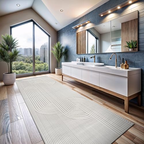 Modern Runner Rug 2x7 Luxury Swirl Curved Micro Loop Hallway Rugs Soft High-Low Pile Stain Resistant Easy to Clean Non-Shedding Durable Entryway Kitchen Indoor Area Carpet (White) - color: Curved / White, size: 2' x 7' (Rectangular)