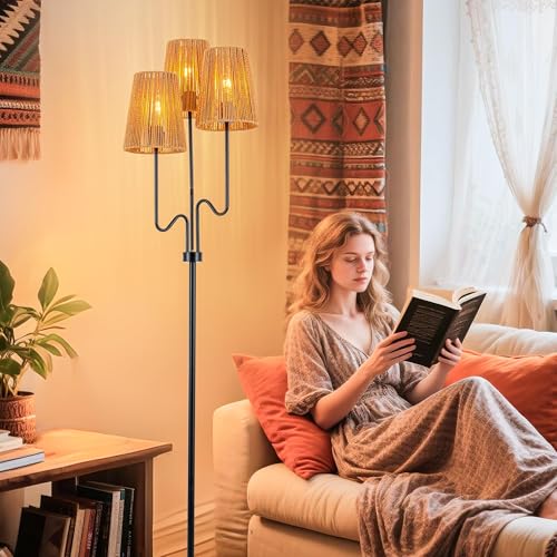 MAYNA 3-Light Black Boho Floor Lamp with Handwoven Rattan Shades | Adjustable Swiveling Arms, Foot Switch Standinmg Floor Lamp for Living Room & Bedroom, 3 LED Bulbs Included - color: Black 3 Lights