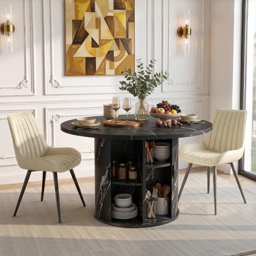 3-Piece Round Dining Table Set for 2, 47-Inch Modern Faux Marble Dining Table with Half-Open Storage Shelf, Comfort Dining Chairs with Thick Cushions (Black Faux Marble Table + 2 Beige Chairs) - color: Black Faux Marble Table + 2 Beige Chairs-43, size: 3-