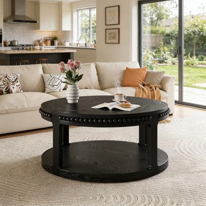 31.5" Round Wood Coffee Table, 2 Tier Modern Center Table,Solid Wood+MDF, Easy Assembly, Accent Table for Living Room, Apartment, Small Space. (Black) - color: Black-m