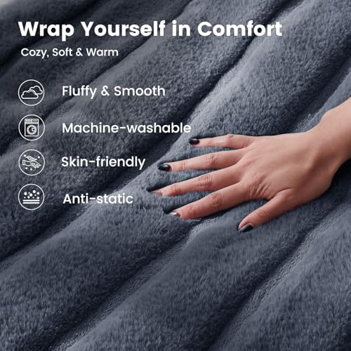 Cozy Bliss Deluxe Sheared Rabbit Faux Fur Throw Blanket, Soft Fuzzy High-Low Sculpted Plush Blanket for Couch, Cozy Home Accent, All Season Use, Blue 60"x80" - color: Stripe - Blue, size: Twin(60" x 80")