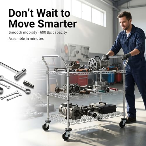 Finnhomy 3-Tier Commercial Grade Rolling Cart, Heavy Duty Utility Cart with Wheels and Handles, Metal Kitchen Carts on Wheels with 600 lbs Capacity, Shelf Size 24" D x 40" W, NSF - size: 24"D x 46.8"W x 39.7"H