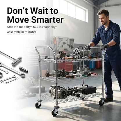 Finnhomy 3-Tier Commercial Grade Rolling Cart, Heavy Duty Utility Cart with Wheels and Handles, Metal Kitchen Carts on Wheels with 600 lbs Capacity, Shelf Size 24" D x 40" W, NSF - size: 24"D x 46.8"W x 39.7"H
