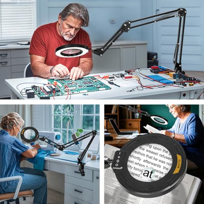 Ultra Long 3-Section Swing Arm 12X 30X Magnifying Glass with Light | 4-Way Large Metal Clamp, 5 Color Modes LEDs, 35.2Inch Lighted Magnifier Lamp for Workbench Crafting Hobby Soldering Reading