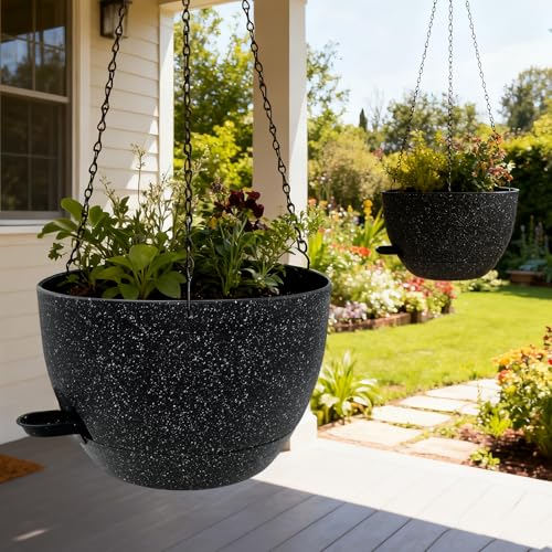 WOUSIWER Self Watering Hanging Planters, 2 Pack 12'' Plastic Pots with Drainage Holes & Reservoir Tray (Speckled Black) | Indoor & Outdoor Use for Ferns, Ivy, Herbs, Succulents - color: Black Speckled, size: 2 Pack 12 inches