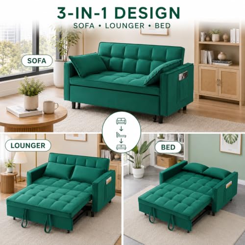 3 In 1 Velvet Convertible Sofa Bed, Pull Out Couch Bed with Reclining Backrest And 2 Pillows, 54" Full Size Loveseat Sleeper Sofa Futon Couch Bed, Couches For Small Spaces, Living Room (Green) - color: Green