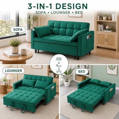3 In 1 Velvet Convertible Sofa Bed, Pull Out Couch Bed with Reclining Backrest And 2 Pillows, 54" Full Size Loveseat Sleeper Sofa Futon Couch Bed, Couches For Small Spaces, Living Room (Green) - color: Green