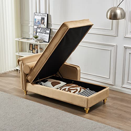 60.6" Modern Storage Chaise Lounge Indoor,Velvet Upholstery Sofa Chair with1 Toss Pillows,Upholstery Lounge Sofa with Gold Metal Legs for Small Apartment,Living Room,Office,Reception Area,Khaki - color: Khaki
