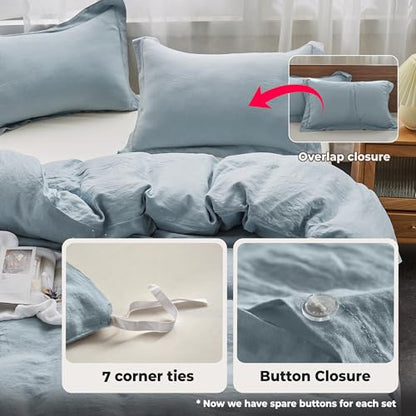 Simple&Opulence 100% Washed Linen Duvet Cover Set with Embroidered,2 Pieces Soft Farmhouse Comforter Set with Button Closure,1 Duvet Cover and 1 Pillowsham(Twin,Dusty Blue) - color: Embroidery Dusty Blue, size: Twin