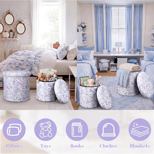 Geetery 2 Pcs Dorm Ottoman with Storage Set Blue Floral Ottoman | Vanity Stool with Storage for Bedroom Coffee Table Small Coquette Foot Stool for Girls Living Room College Dorm Essentials - style: Blue and White Flowers Pattern