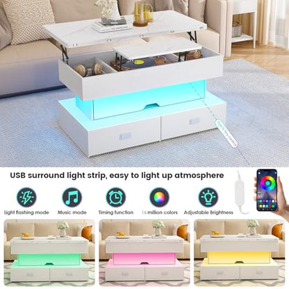 Turosur 40" Lift Top Coffee Table, Coffee Tables with Storage and 4 Drawer, Coffee Table with Lifting top with LED Lights for Living Room Home Office - color: White