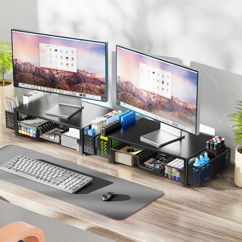 Simple Trending Desk Organizer, Computer Monitor Stand Riser, Black | Metal Laptop & Printer Stand, Desktop Organizer with Drawer & 2 Pen Holders, Anti-Slip Pads, 18.5"W x 9.5"D x 4.75"H - size: 18.5"W x 9.5"D x 4.75"H