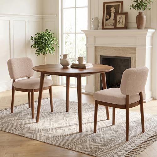 Wooden Dining Chairs Set of 2, Boucle Upholstered Kitchen Chairs with Solid Wood Legs, Mid Century Modern Dining Chairs, Farmhouse Side Chair with Hardwood Frame for Dining Room, Khaki - color: Khaki, size: Set of 2